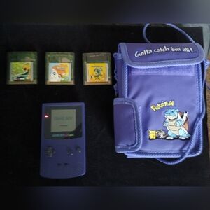 Vintage 90's Purple Game Boy w/ Pokemon Blastoise Carrying Case & 3 Games